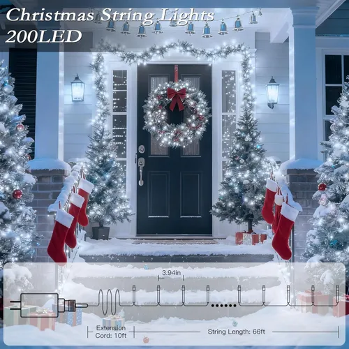 Vista 2 de Luces de Árbol de Navidad LED de 66 pies con 200 LED, Luces Navideñas Exteriores Blanco Frío Brillante para Casa, Luces de Hadas con 8 Modos