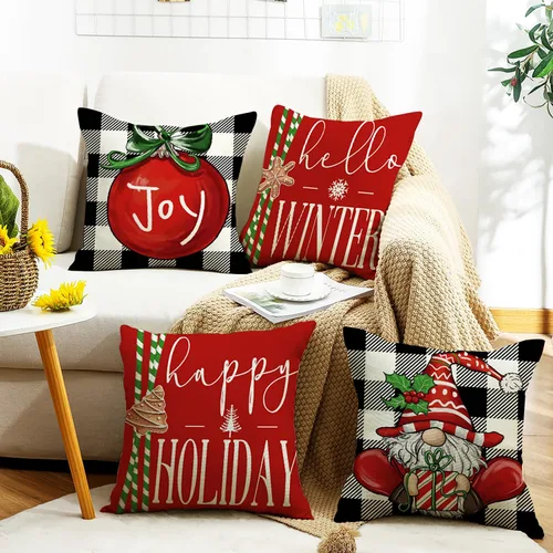 Vista 2 de Juego de 4 fundas de almohada de Navidad de 18 x 18 pulgadas, para decoración navideña, diseño de búfalo rojo y negro, a cuadros de invierno