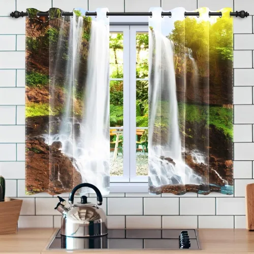 Vista 2 de Cortinas opacas para ventana con vista de cascada, día soleado, amanecer, primavera, paisaje natural, cortinas de ventana con aislamiento térmico