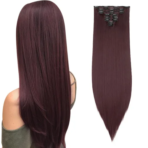 Vista 2 de Benehair Extensiones de cabello con clip, 8 piezas de 23 pulgadas, extensiones de cabello sintético largo y lacio, color rojo oscuro, extensiones
