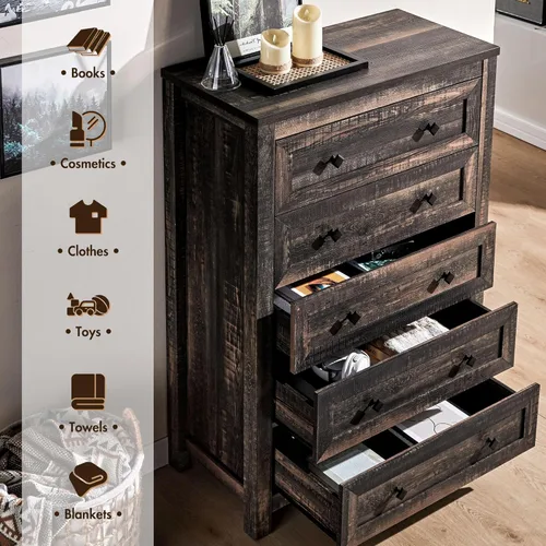 Vista 5 de VanAcc Cómoda de 5 cajones para dormitorio, cómoda de madera de granja de 47 pulgadas de alto para armario, cómoda de textura natural para Roble