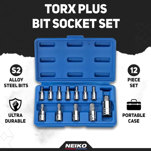 Vista 2 de Neiko 10086A Juego de llaves de vaso con puntas Torx Plus de 6 puntos, accionamiento de 1/4 pulgada, 3/8 pulgada y 1/2 pulgada, TP8 - TP60, 12 piezas