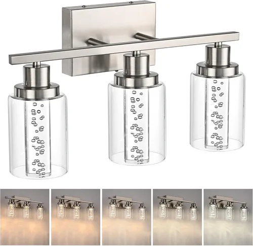 Vista 16 de MELUCEE Lámparas de tocador de baño, 3 luces LED sobre espejo, 3000 K-6000 K, moderna luz negra para baño con pantalla de cristal de burbujas, chips
