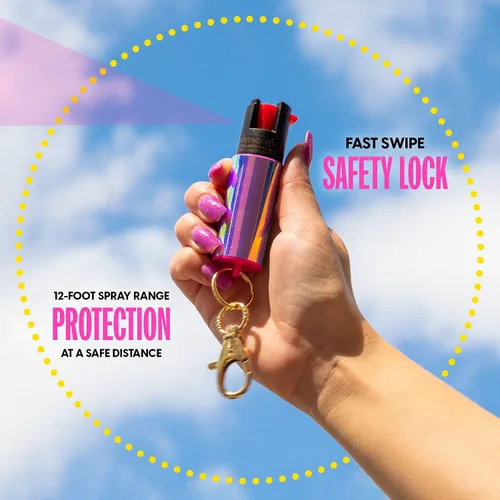 Vista 3 de Pepper Spray Maximum Strength Self Defense Keychain for Women, 12-Foot Spray Range & UV Dye - Holographic