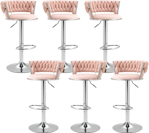 Vista 19 de Juego de 2 taburetes de bar giratorios de terciopelo, modernos taburetes de bar ajustables con respaldo tejido, taburete de bar de altura