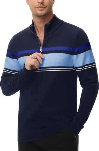 Vista 2 de MAGCOMSEN Suéteres de algodón con cremallera de 14 para hombre, suéter tipo polo, a rayas, para otoño e invierno, sudaderas cálidas