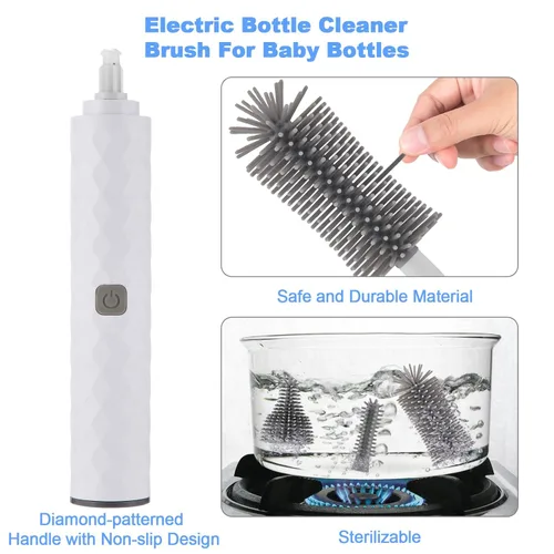 Vista 4 de Juego de limpiador eléctrico recargable para botellas con limpiador de cepillo de silicona de 3 piezas para biberones y cepillo limpiador de Blanco