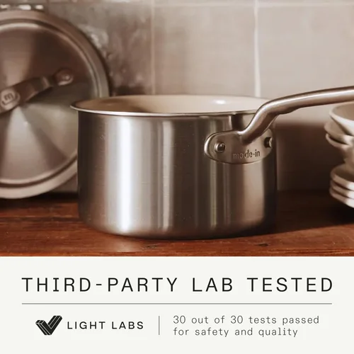Vista 5 de Made In Utensilios de cocina Cacerola antiadherente de cerámica de 4 cuartos con tapa Revestimiento de acero inoxidable de 5 capas con mango que