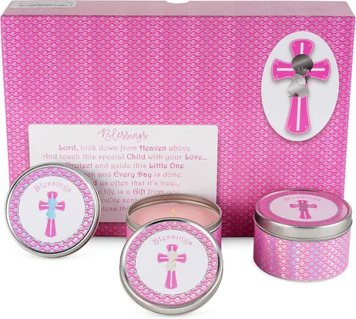Vista 9 de Recuerdos de bautismo prémium para niñas, recuerdos únicos de bautizo con vela de cera de soja, recuerdos de primera comunión, juego de regalo