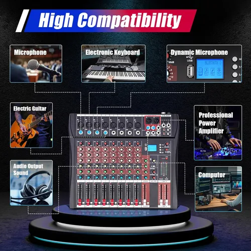 Vista 5 de Mezclador de audio, mezclador de tablero de sonido de 8 canales, mezclador de sonidos profesional con reproductor de MP3 e interfaz USB, Bluetooth