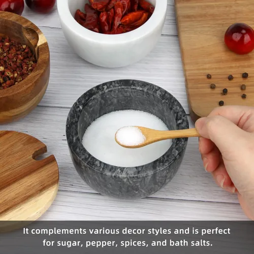 Vista 6 de Caja de sal de mármol con tapa y cuchara de madera, recipiente moderno de piedra negra para sal o pimienta, azúcar, especias y condimentos, frasco