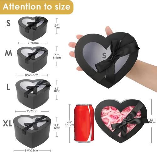 Vista 3 de Cajas negras en forma de corazón para arreglos florales, cajas de corazón para flores, juego de 4 cajas de regalo anidables con tapas transparentes