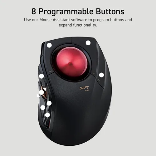 Vista 6 de ELECOM DEFT PRO Ratón de Trackball, con cable, inalámbrico, conexión Bluetooth de 3 tipos, diseño ergonómico, función de 8 botones, bola roja