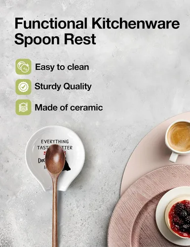 Vista 5 de WHING - Divertido soporte para cuchara de té de café de cerámica blanca, todo sabe mejor con pelo de perro, decoración de estación de café