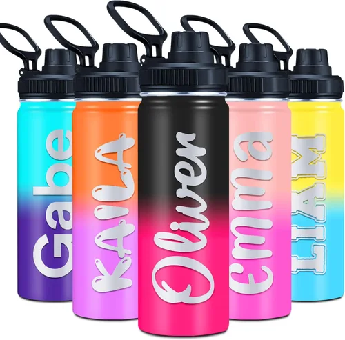 Botellas de agua personalizadas para niños, 18 onzas, 32 onzas, botella de agua aislada con nombre personalizado, botella de agua reutilizable de