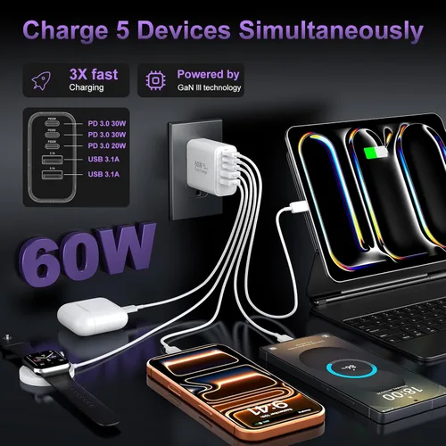 Vista 3 de Bloque de cargador de pared rápido USB C, paquete de 2 cubos de carga USBC de 60 W, adaptador de corriente PD+QC de 5 puertos ladrillo multipuerto