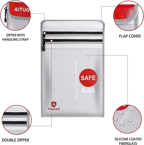 Vista 6 de Bolsas impermeables ignífugas, dos bolsillos, bolsa de documentos ignífuga (2000 ℉) con cierre de cremallera, bolsa de dinero segura, adecuada