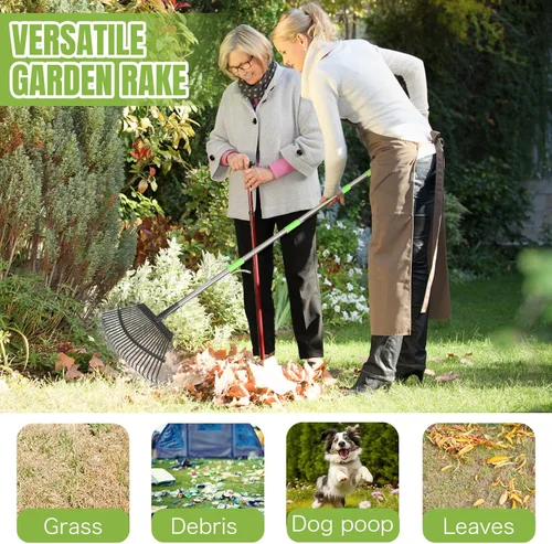 Vista 5 de Joyhalo Rastrillo para hojas ajustable de 65 pulgadas de largo, rastrillo de jardín de 18 pulgadas de ancho con 25 dientes, rastrillos de hojas