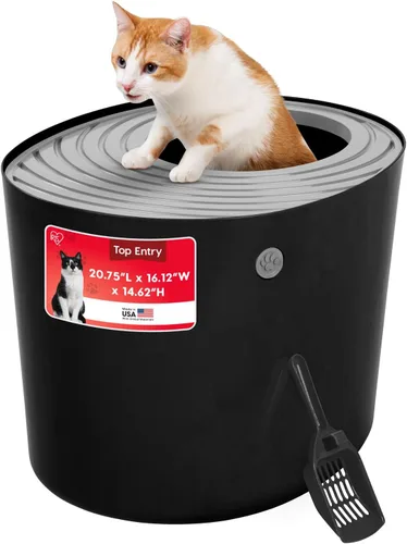IRIS USA Caja de arena para gatos, entrada grande en la parte superior con tapa para atrapar arena y cuchara, a prueba de perros, recinto para caja