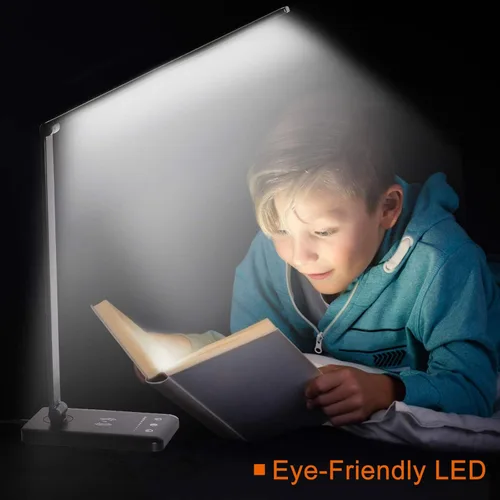 Vista 6 de Lámpara de escritorio LED con cargador inalámbrico, lámparas de mesa para el cuidado de los ojos, lámpara de oficina regulable sin pasos con puerto