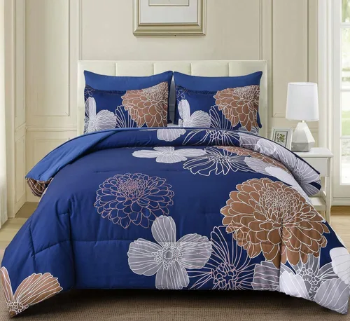 Vista 151 de Yiran - Juego de 7 piezas de edredón floral azul, juego de cama en una bolsa, tamaño Queen, juego de edredón de microfibra suave