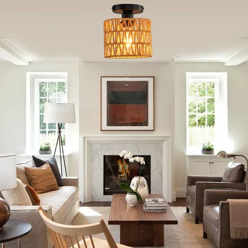 Vista 3 de Lámpara de Techo, Lámpara de Techo de Ratán Tejida a Mano de Montaje Empotrado, Lámparas de Techo Estilo Granja Montaje de Techo Boho para Pasillo