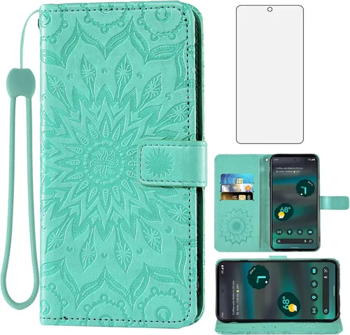Vista 14 de Asuwish Funda de teléfono para Google Pixel 6A 5G 2022 con protector de pantalla de vidrio templado y piel de girasol, funda delgada con tapa