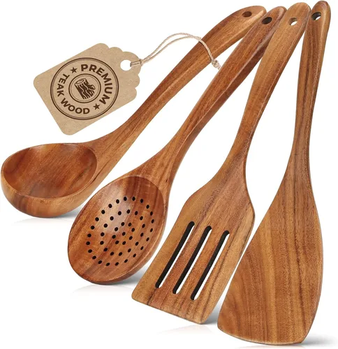Juego de utensilios de cocina de madera de teca natural - 4 piezas de cucharas de madera para cocinar con cucharón, espátula y cuchara ranurada,