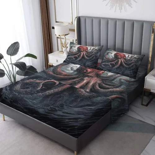 Octopus Sheets - Juego de sábanas de tamaño individual, sábanas de microfibra suave, bolsillo profundo, sábanas y fundas de almohada estampadas sin