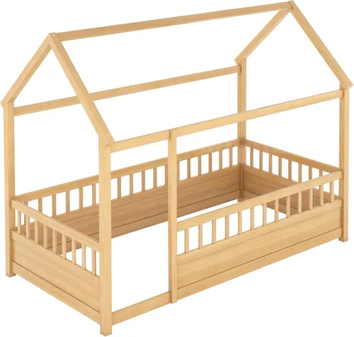 Vista 113 de Bellemave Cama Montessori de madera con valla y techo para niños, marco de cama individual para niños, niñas (individual, blanco)