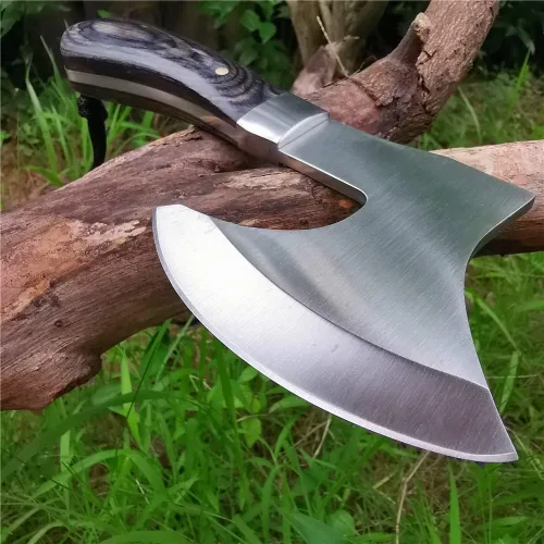 Vista 2 de Juego combinado de cuchillos de hacha y hoja fija, espiga completa, mango de madera, para acampar al aire libre, caza de supervivencia, funda