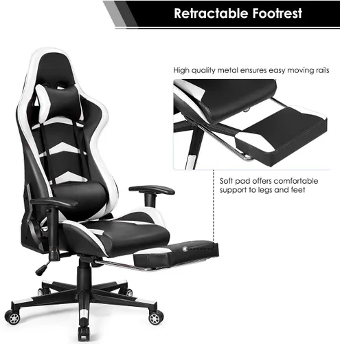 Vista 26 de GOFLAME Silla de juegos de estilo de carreras, silla ergonómica giratoria para computadora con reposacabezas y soporte lumbar, silla de masaje