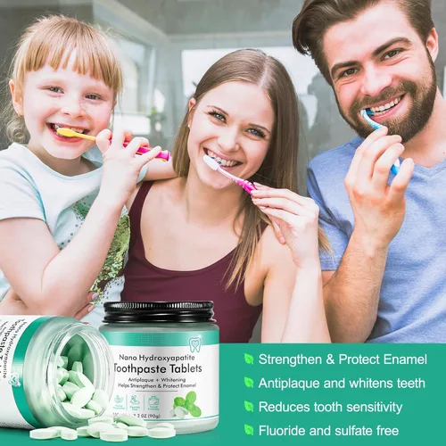 Vista 4 de Tabletas de pasta de dientes para reparación de esmalte y blanqueamiento 150 tabletas sin flúor de nano hidroxiapatita con menta natural