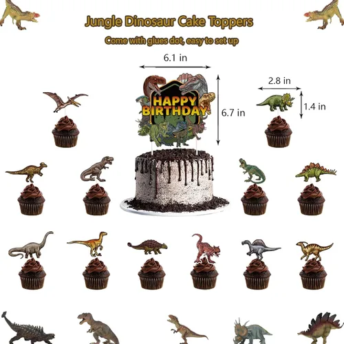 Vista 5 de Decoraciones de cumpleaños de dinosaurios para niños, suministros de fiesta de dinosaurios con pancarta de cumpleaños T-Rex, remolinos colgantes