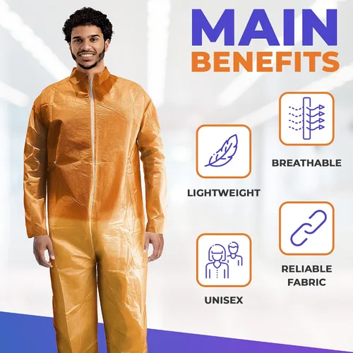 Vista 5 de AMZ Medical Supply Overol desechable naranja para hombres/mujeres, grande. Traje de material peligroso desechable. Overol transpirable de PP+PE