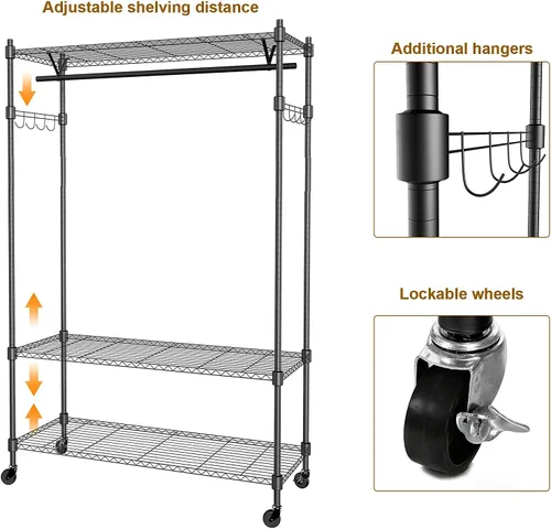 Vista 5 de BATHWA Perchero de ropa con ruedas y estante de alambre ajustable, perchero de 3 niveles que incluye 1 barra para colgar ropa, 1 gancho giratorio