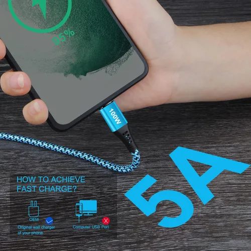 Vista 5 de Cable USB C de 100 W, cable de carga rápida 5A tipo C a tipo C, cable de carga trenzado de 6 pies para Samsumg Galaxy A03S A04S A12 A13 A14 A23 A34