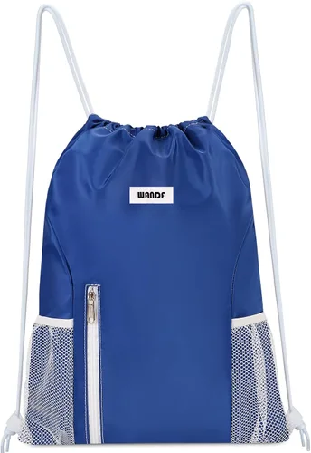 WANDF - Mochila con cordón para deportes y gimnasio, bolsa de cordón con bolsillos de malla, resistente al agua, para mujeres y hombres, Azul
