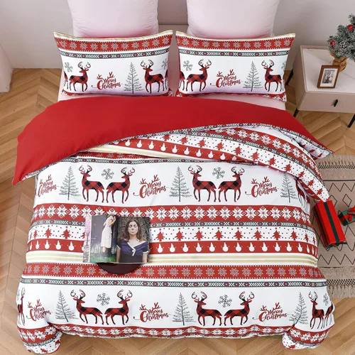 Vista 3 de Juego de funda de edredón de Navidad, tamaño Queen, reno, copos de nieve, árbol, juego de ropa de cama de microfibra suave con 2 fundas de almohada