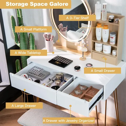 Vista 56 de CHARMAID Tocador de maquillaje con espejo iluminado, 3 cajones y 3 estantes de almacenamiento, 3 juegos de iluminación, brillo ajustable, tocador