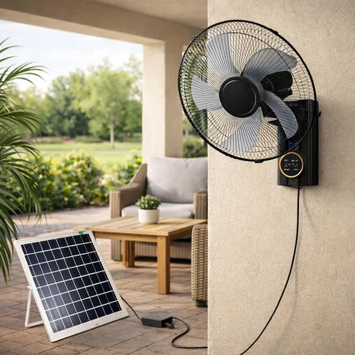 Ventilador solar de 16 pulgadas con control remoto, ventilador de pared para exteriores con panel solar y adaptador de corriente, ventilador