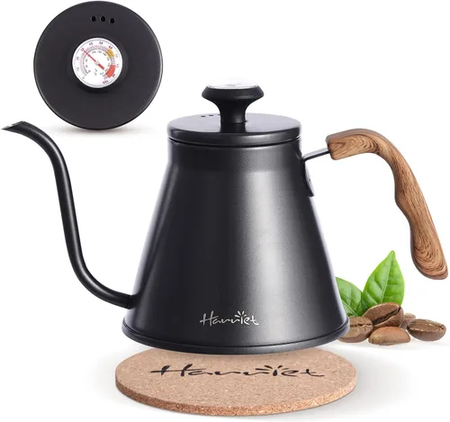 Harriet Hervidor de cuello de cisne con termómetro para verter sobre café y té, 37 onzas líquidas, acero inoxidable, base duradera de 3 capas,
