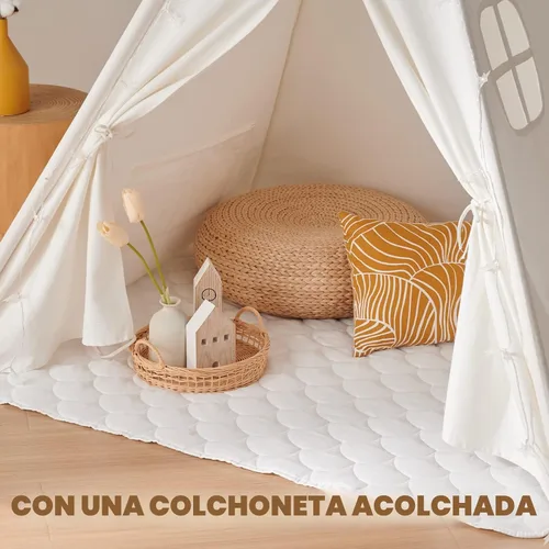 Vista 5 de Tienda tipi de lona blanca para juegos infantiles con alfombrilla de algodón para el piso. Tienda tipi para juegos infantiles, diversión al aire e