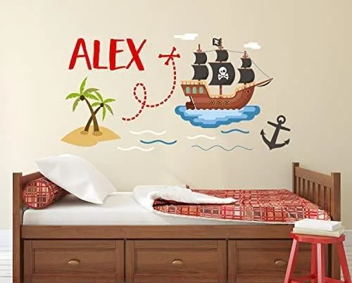 Calcomanía de pared de barco con tema pirata, calcomanía de pared con nombre personalizado, decoración pirata para dormitorio de niños, calcomanías