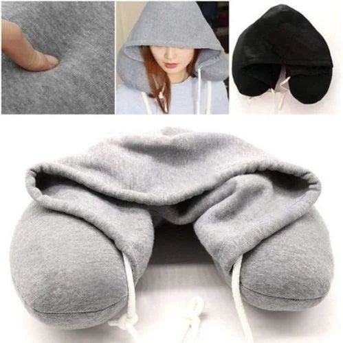 Vista 6 de wrooker Travel Hooded U-Shaped Pillow Cushion Car Office Airplane Head Rest Neck Support (Black)