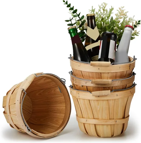 Vista 8 de Tatuo 2 cestas redondas de madera de manzana, cubos de frutas de madera con asa, cesta de cosecha de otoño, bushel portátil para mercado, verduras