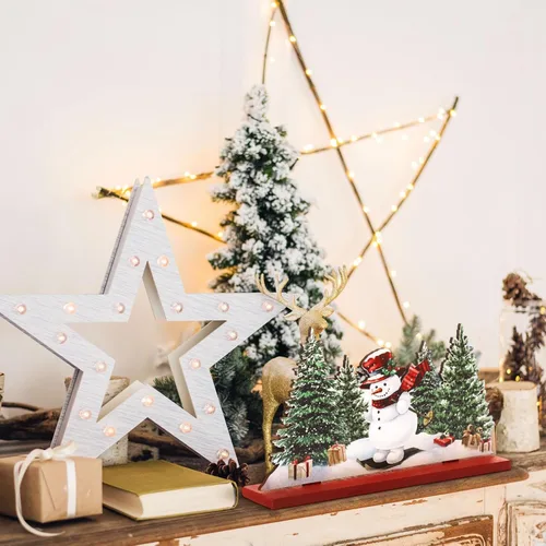 Vista 4 de Huwena 5 piezas de decoración de mesa de Navidad, centros de mesa de Navidad de madera, señal de alegría, muñeco de nieve, guantes de reno, señales