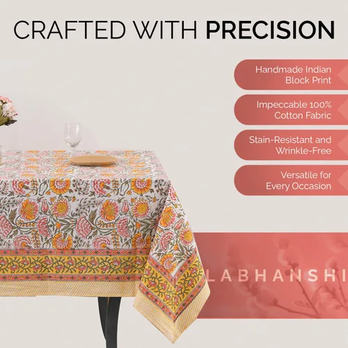 Vista 3 de Labhanshi Indian Hand Block Print Round 72 Inch 6-Seater and Rectangle 72x108 Inches 8 Seater Table Cloth for Kitchen Dining Table Cotton Floral