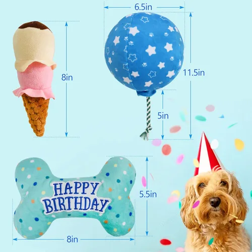 Vista 4 de Prime Pets Juguetes de cumpleaños para perros, paquete de 3, set de juguetes para perros chirriantes y con sonido, juguetes para mascotas