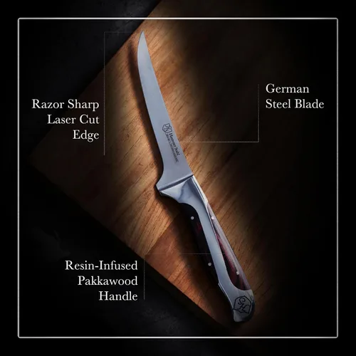 Vista 2 de Cuchillo de deshuesar de 6 pulgadas, acero alemán de alto carbono, hoja flexible curvada para deshuesar, filetear y recortar, mango ergonómico